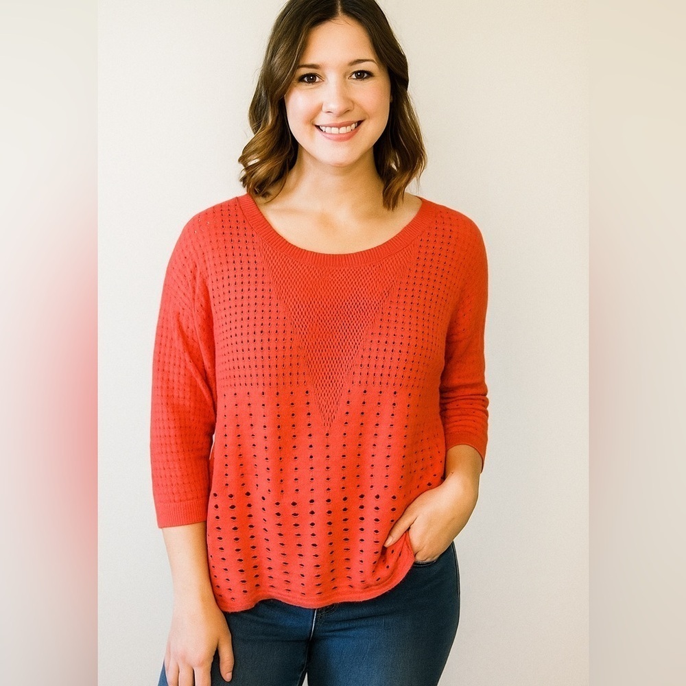 Express Lightweight Pink Open Knit Pattern Elbow Sleeve Crewneck Blouse Shirt